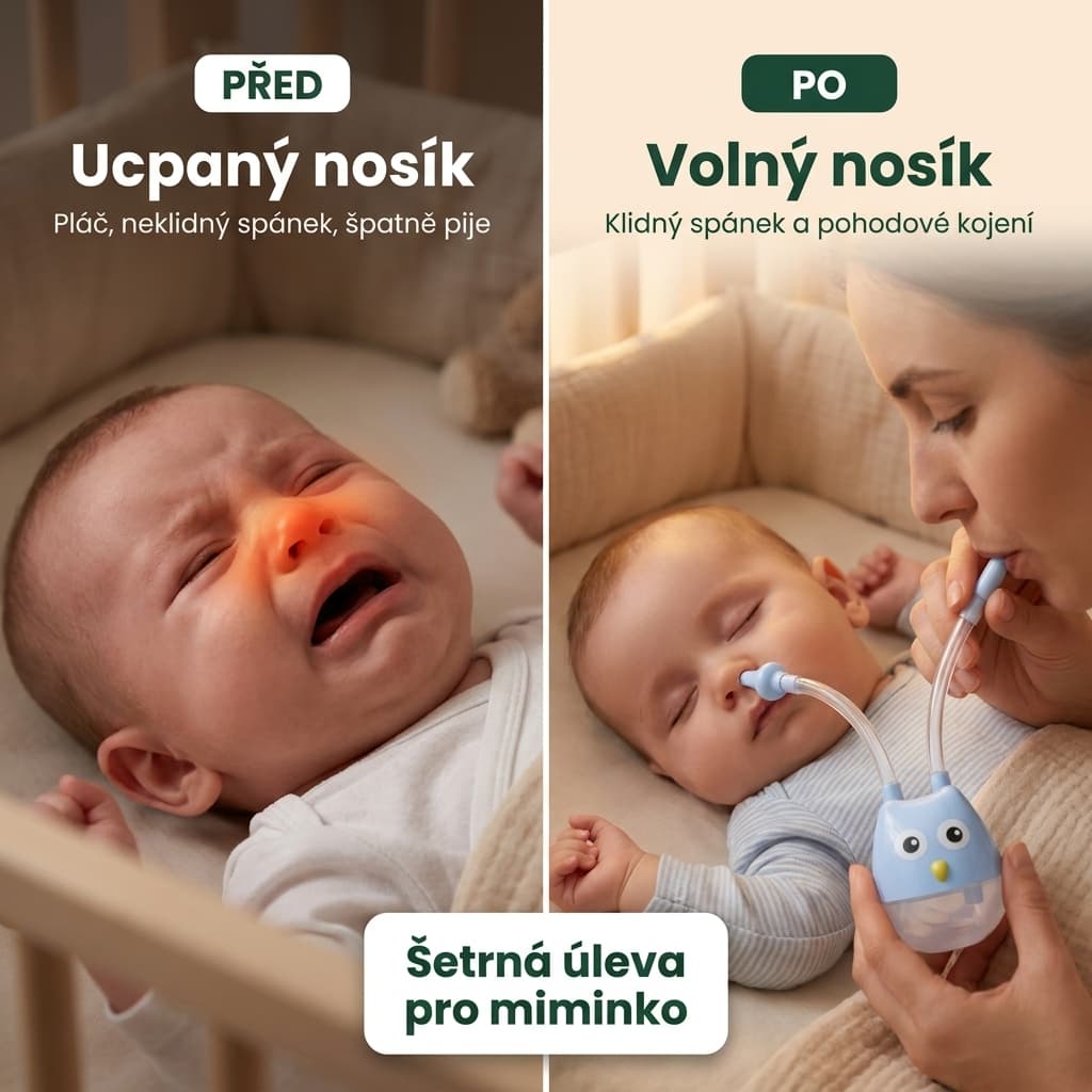 Dětská nosní odsávačka před a po – ucpaný nosík a klidný spánek